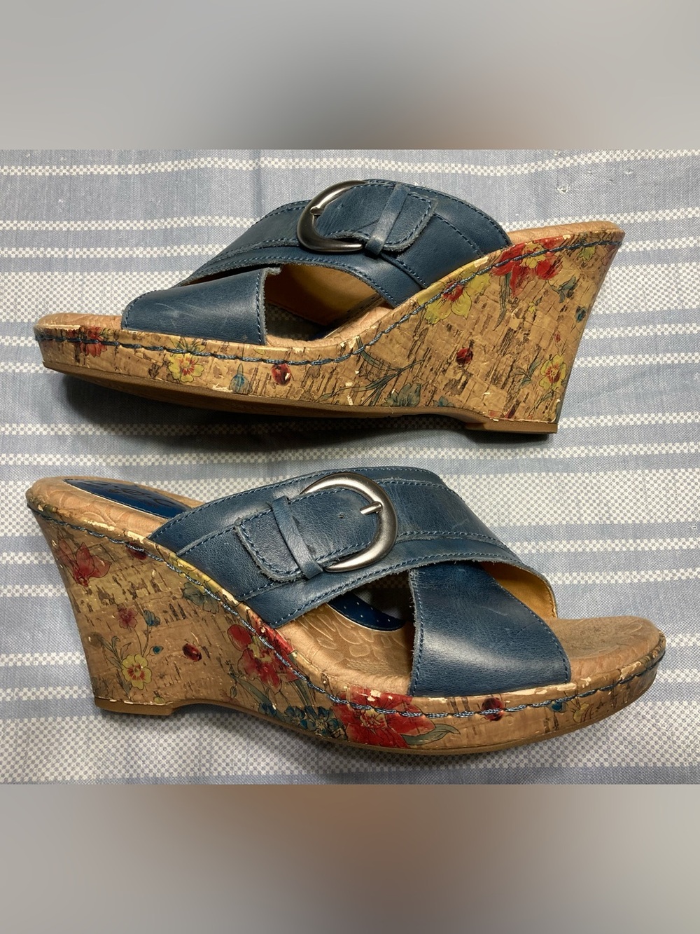 BOC blue leather, cork wedge sandals.